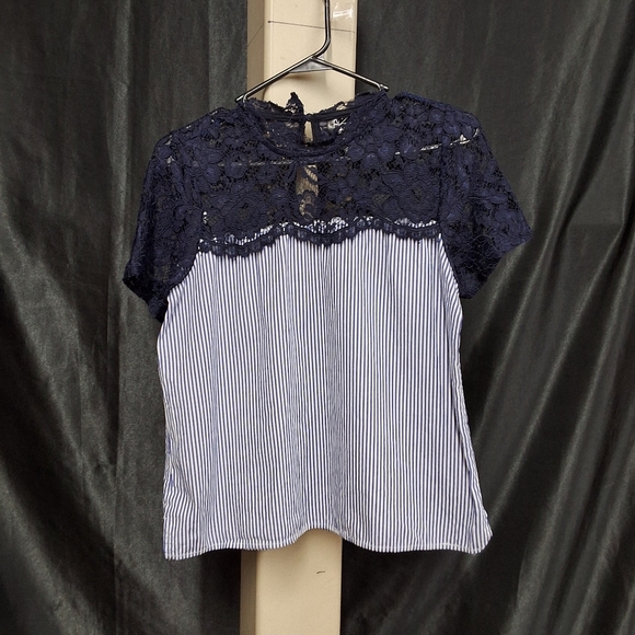 Blue and White Short Sleeve Lace Blouse - Picture 1 of 13
